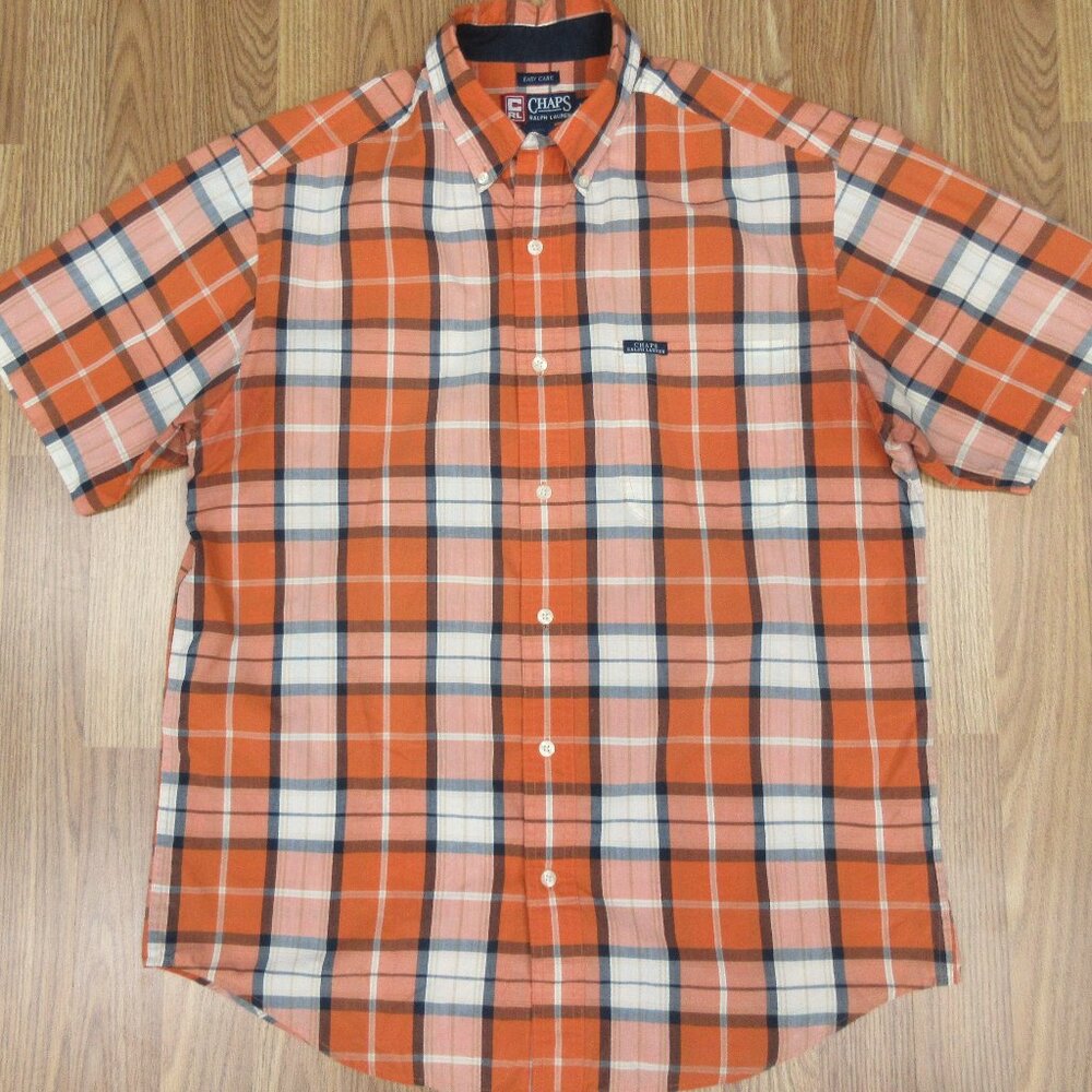 VTG CHAPS RALPH LAUREN BUTTON DOWN SHIRT COTTON ORANGE PLAID MEDIUM, M